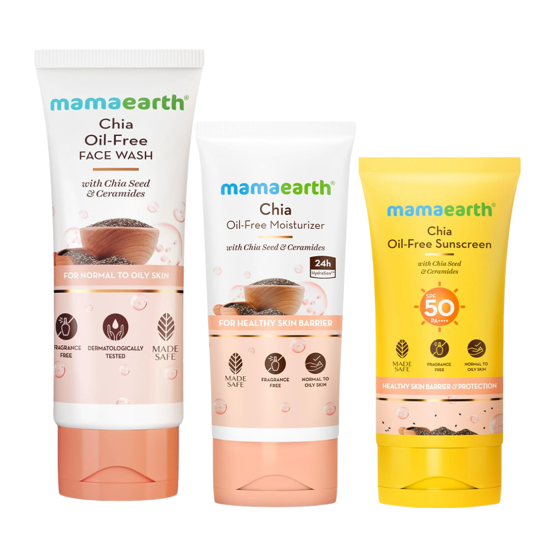 Mamaearth Chia Oil-Free Kit for Hydrated Glow – Face Wash 100ml + Moisturizer 80g + Sunscreen SPF50 PA++++ 50g