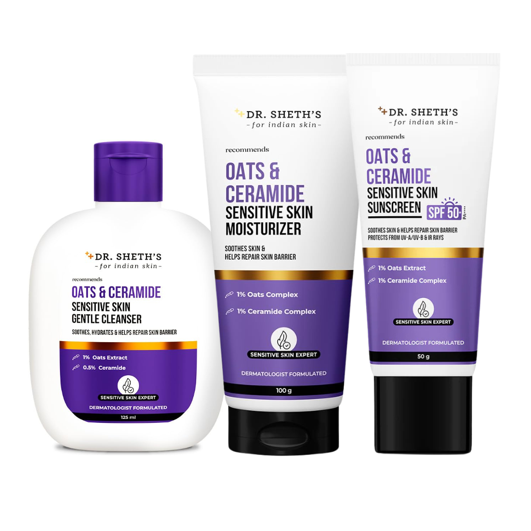 Dr. Sheth's Oats & Ceramide Sensitive Skin Trio Kit – Cleanser 125ml + Moisturizer 100g + SPF 50 Sunscreen 50g