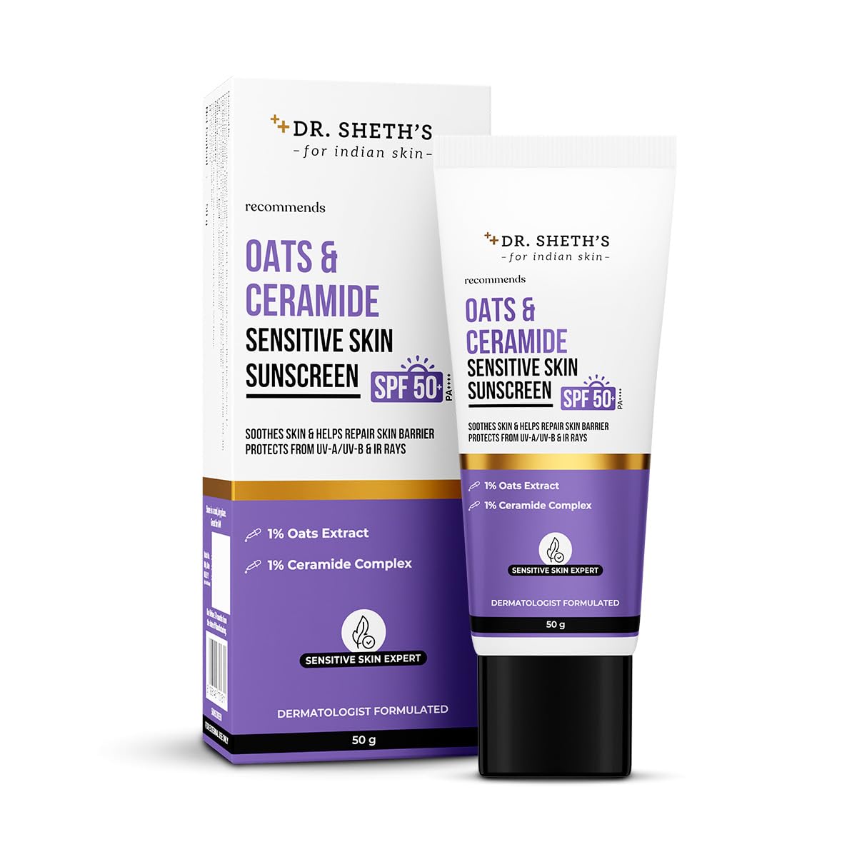 Dr. Sheth's Oats & Ceramide Sunscreen | SPF 50+ PA++++ | For Sensitive Skin | 50g