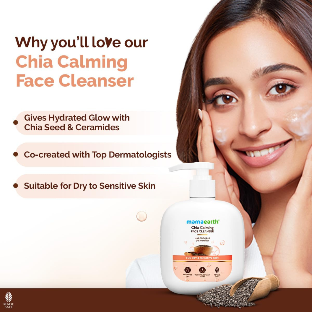 Mamaearth Chia Calming Trio Kit For Dry, Sensitive Skin β Calming Cleanser (180ml) + Calming Moisturizer (80g) + Calming Sunscreen SPF 50 (50g)