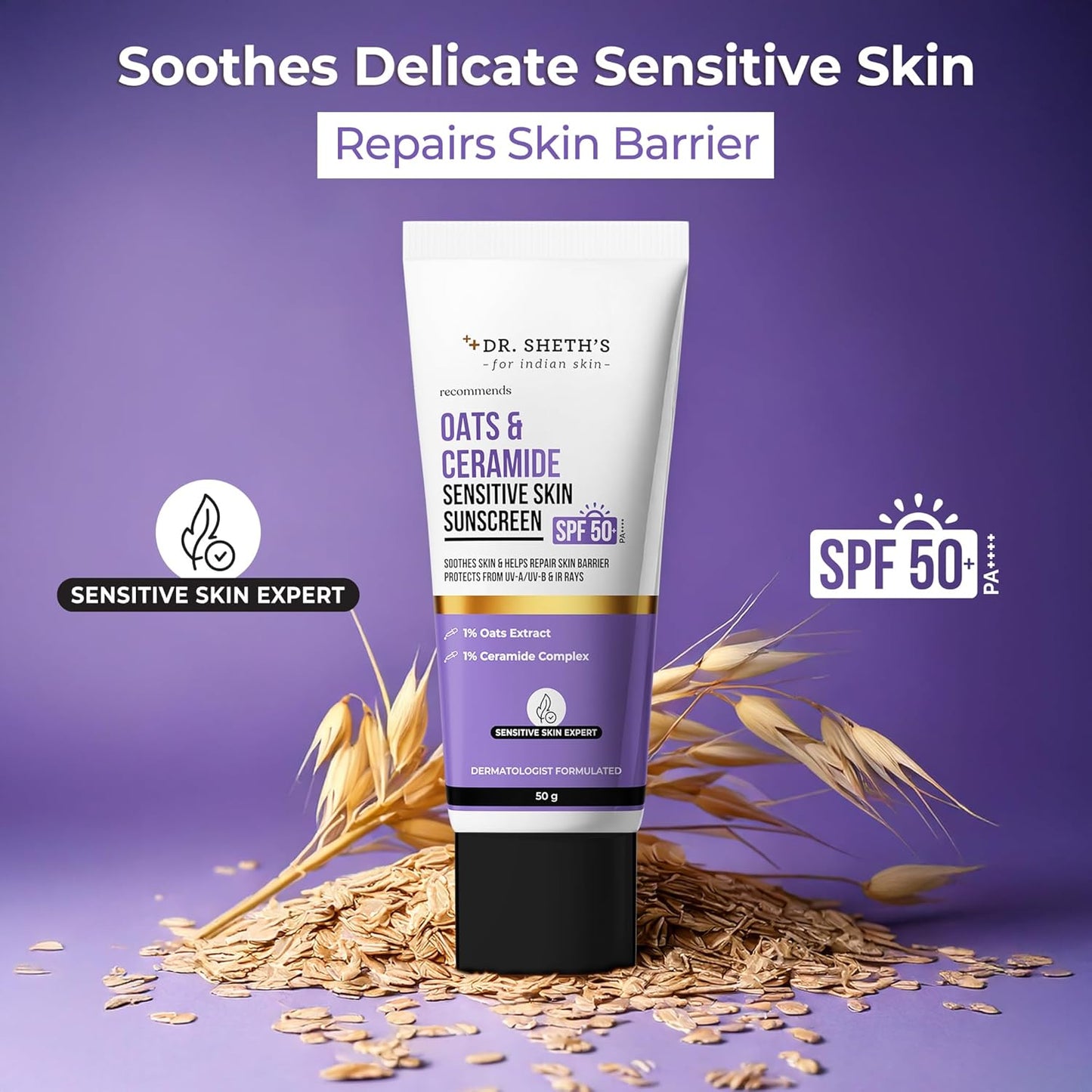 Dr. Sheth's Oats & Ceramide Sunscreen | SPF 50+ PA++++ | For Sensitive Skin | 50g