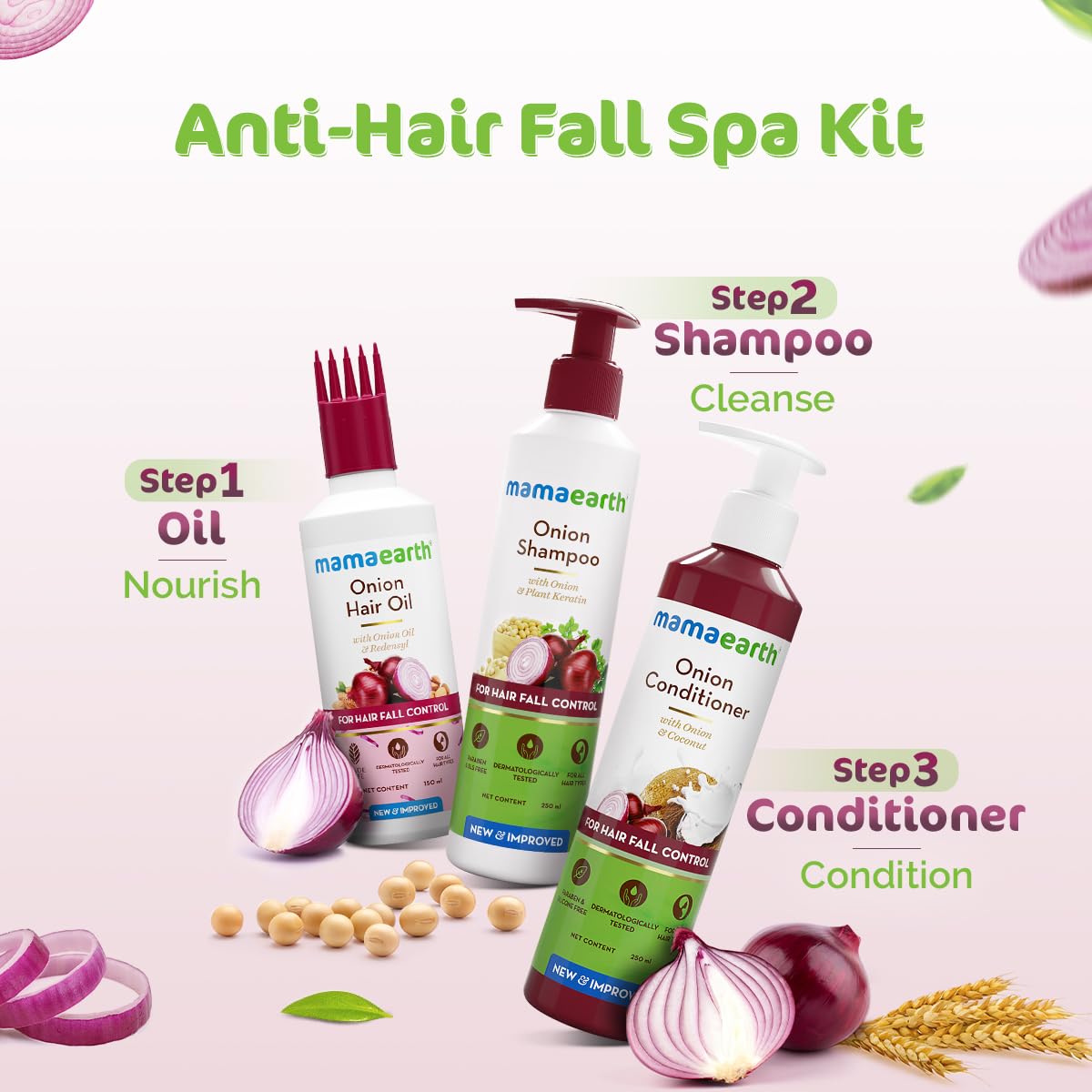 Mamaearth Onion Anti-Hair Fall Spa Kit (Shampoo 250ml + Conditioner 250ml + Oil 150 ml)
