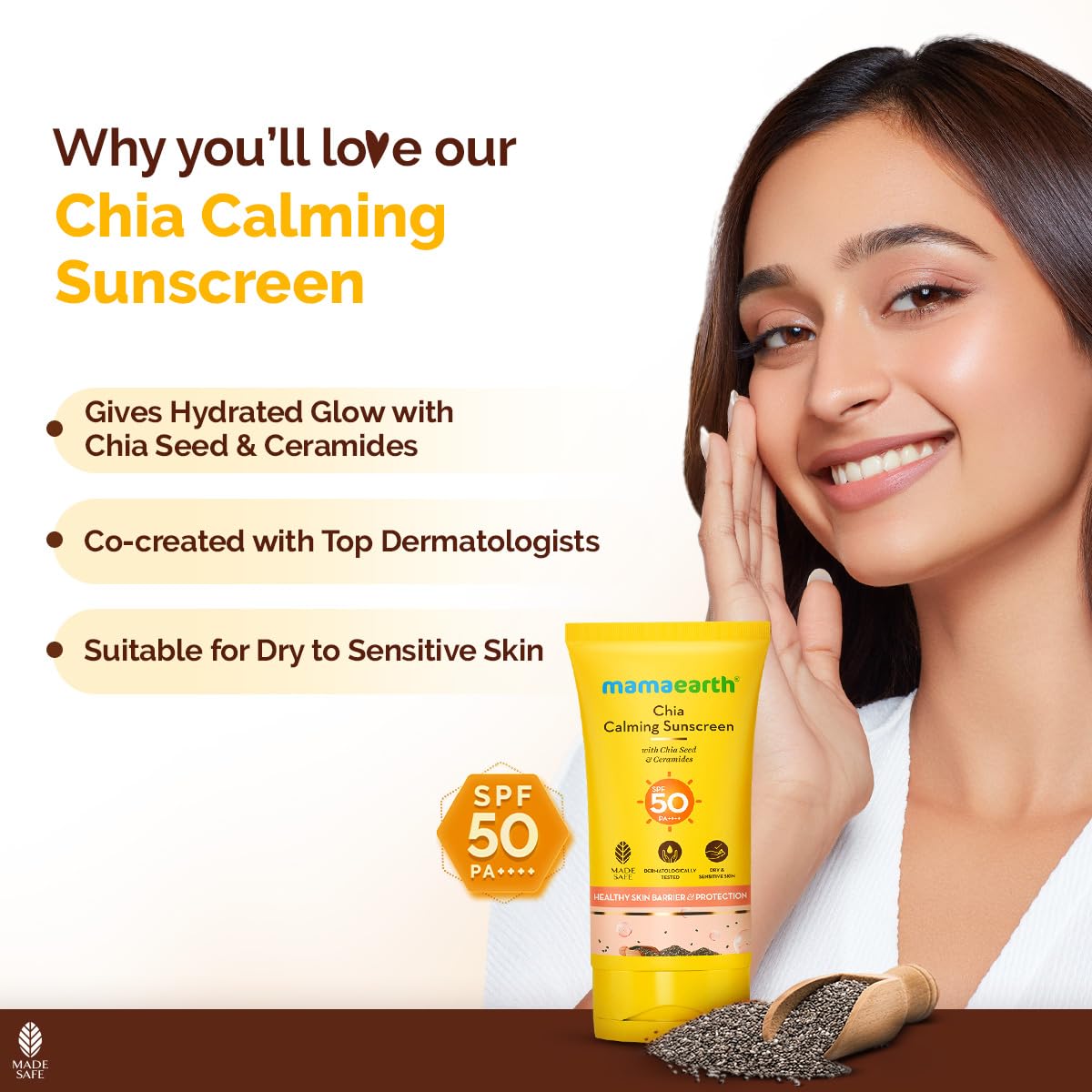 Mamaearth Chia Calming Sunscreen | Hydrated Glow & Sun Protection | For Dry, Normal & Sensitive Skin | 50 g