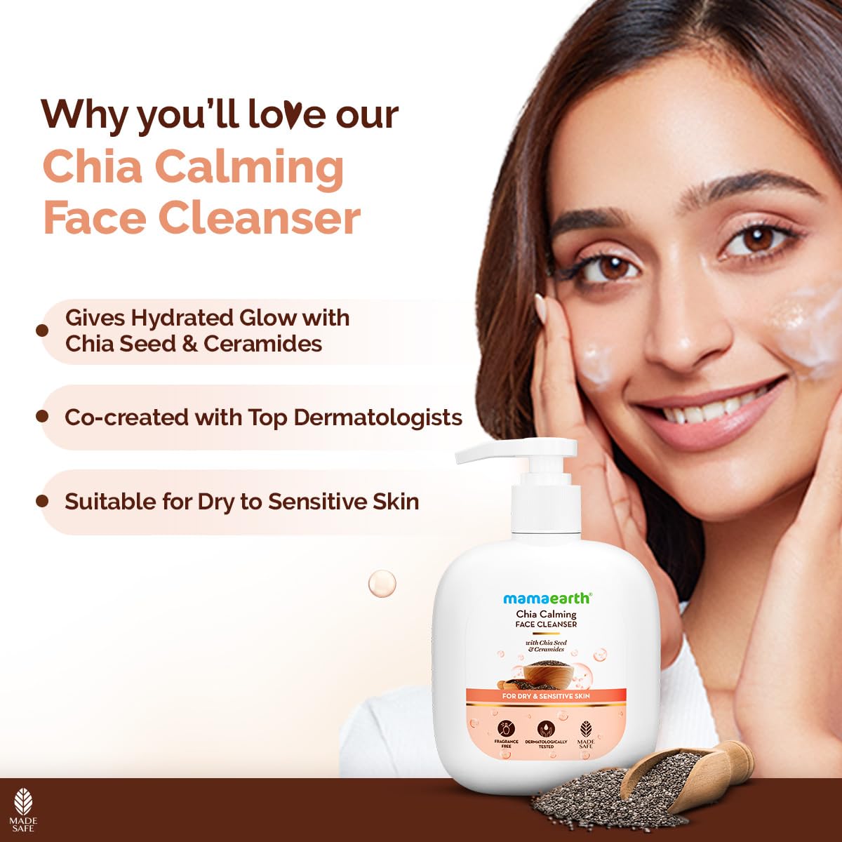 Mamaearth Chia Calming Face Cleanser | Gives Hydrated Glow | For Dry & Sensitive Skin | 180ml