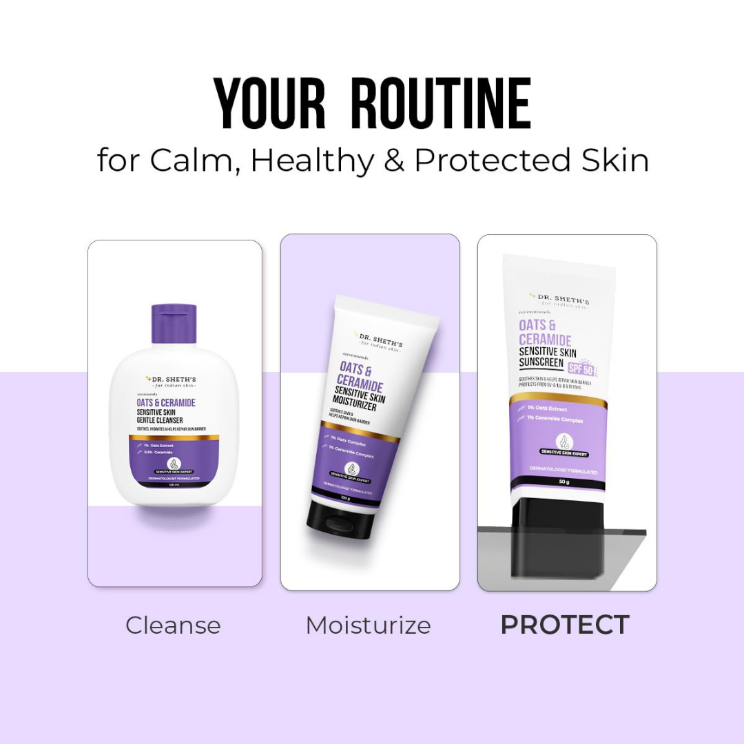 Dr. Sheth's Oats & Ceramide Sensitive Skin Trio Kit – Cleanser 125ml + Moisturizer 100g + SPF 50 Sunscreen 50g