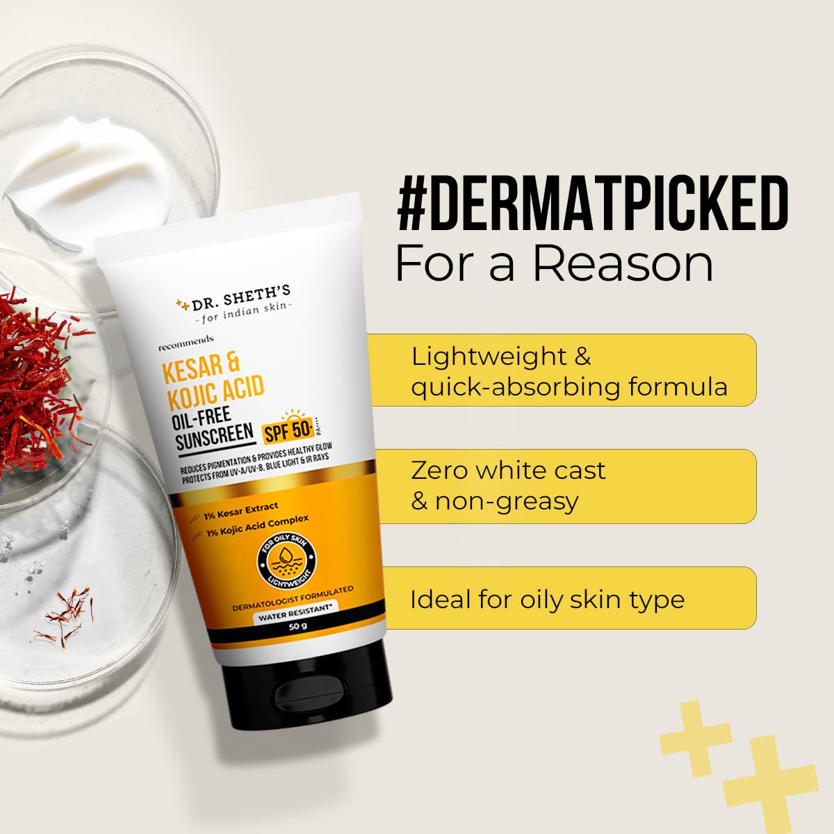 Dr. Sheth's Kesar & Kojic Acid Oil-Free Sunscreen SPF 50+ PA++++| 50g