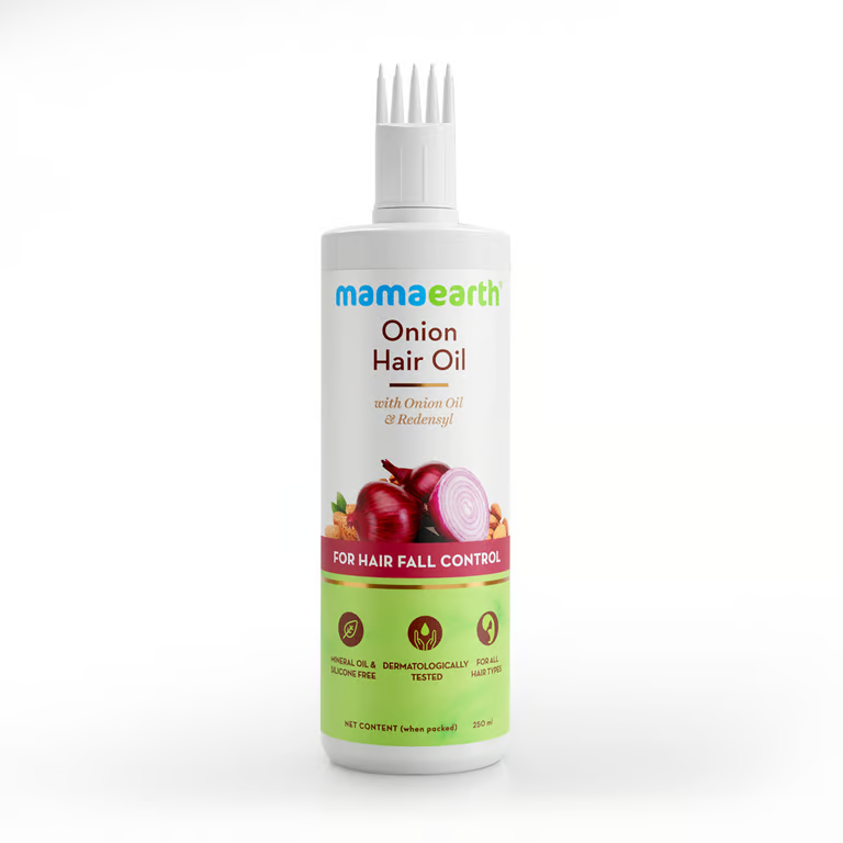 Mamaearth onion hair oil with white background