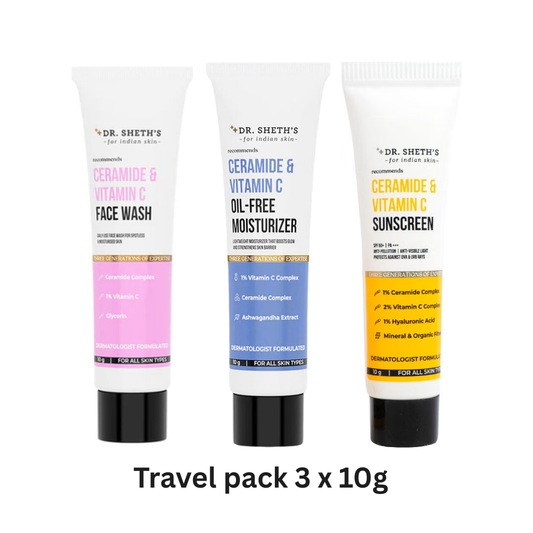 Dr. Sheth’s Ceramide & Vitamin C Travel Glow Kit – Face Wash + Oil-Free Moisturizer + Sunscreen (3 x 10 g)