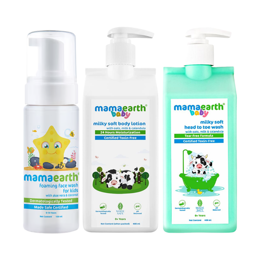 Mamaearth Kids & Baby Milky Soft Complete Care Kit (Foaming Face Wash 150 ml + Head to Toe Wash 400 ml + Body Lotion 400 ml)