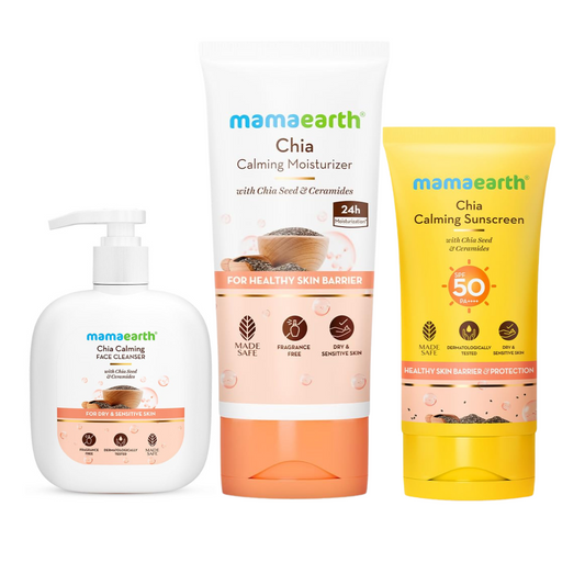 Mamaearth Chia Calming Trio Kit For Dry, Sensitive Skin – Calming Cleanser (180ml) + Calming Moisturizer (80g) + Calming Sunscreen SPF 50 (50g)
