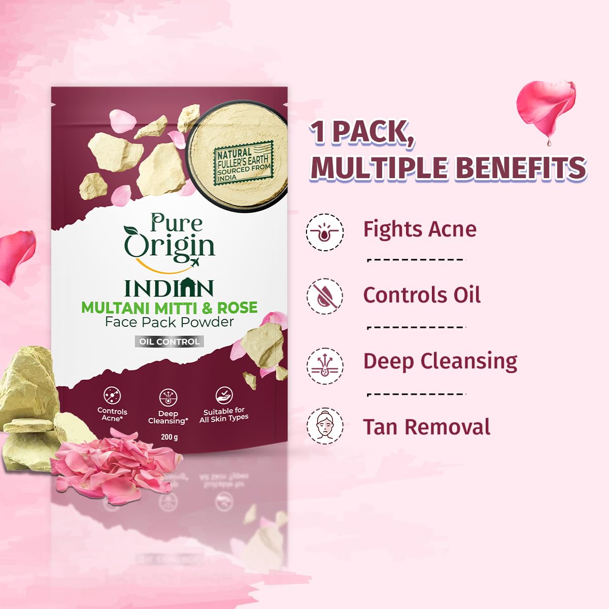 Pure Origin Indian Multani Mitti & Rose Face Pack Powder (200g)