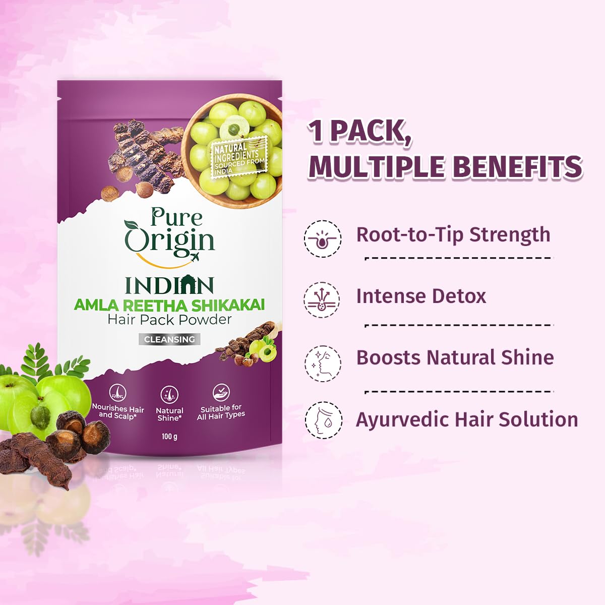 Pure Origin Indian Amla Reetha Shikakai Hair Pack Powder (100g)