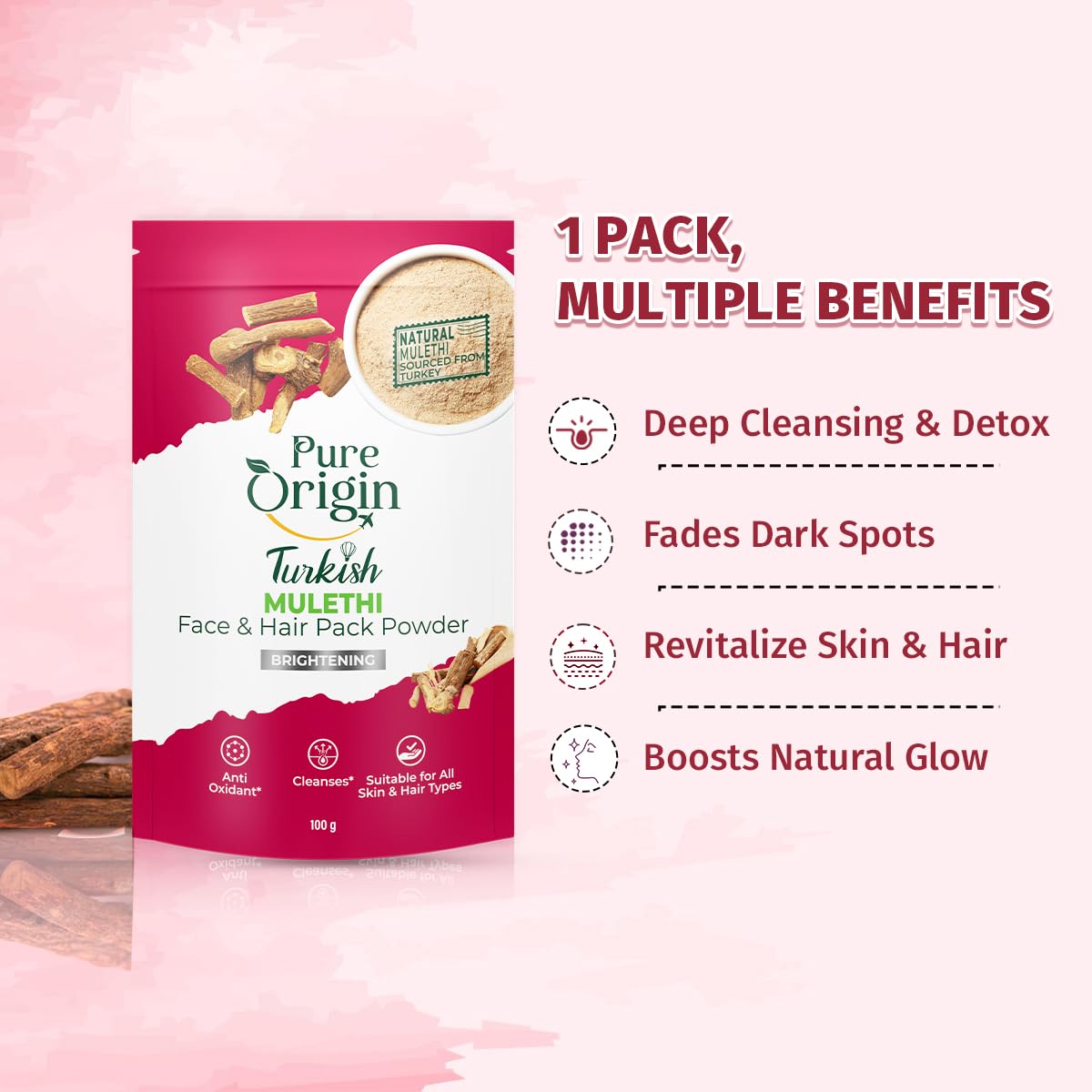 Pure Origin Turkish Mulethi Face & Hair Pack Powder to Boosts Natural Glow (100g)