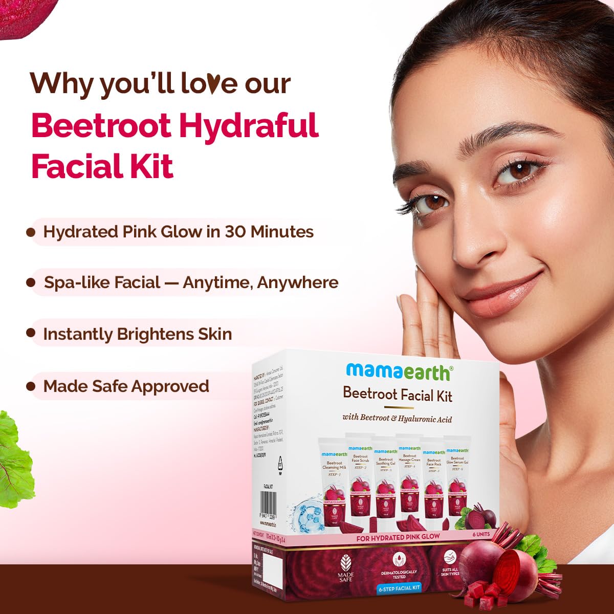 Mamaearth Beetroot Hydraful Facial Kit for Hydrated Pink Glow in 30 Minutes- (2X10 ml) + (4X10 g)
