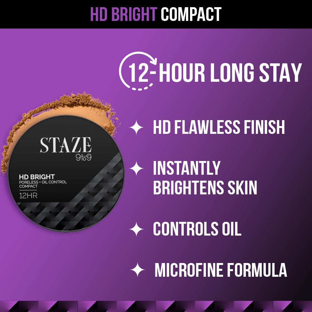 Staze 9to9 HD Bright Compact | Lightweight Microfine Formula with Vitamin E | 9g