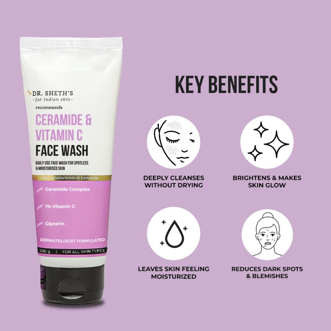 Dr. Sheth’s Ceramide & Vitamin C Brightening combo for Dry Skin (Face Wash 100g + Moisturizing Cream 100g Combo for Dry Skin)