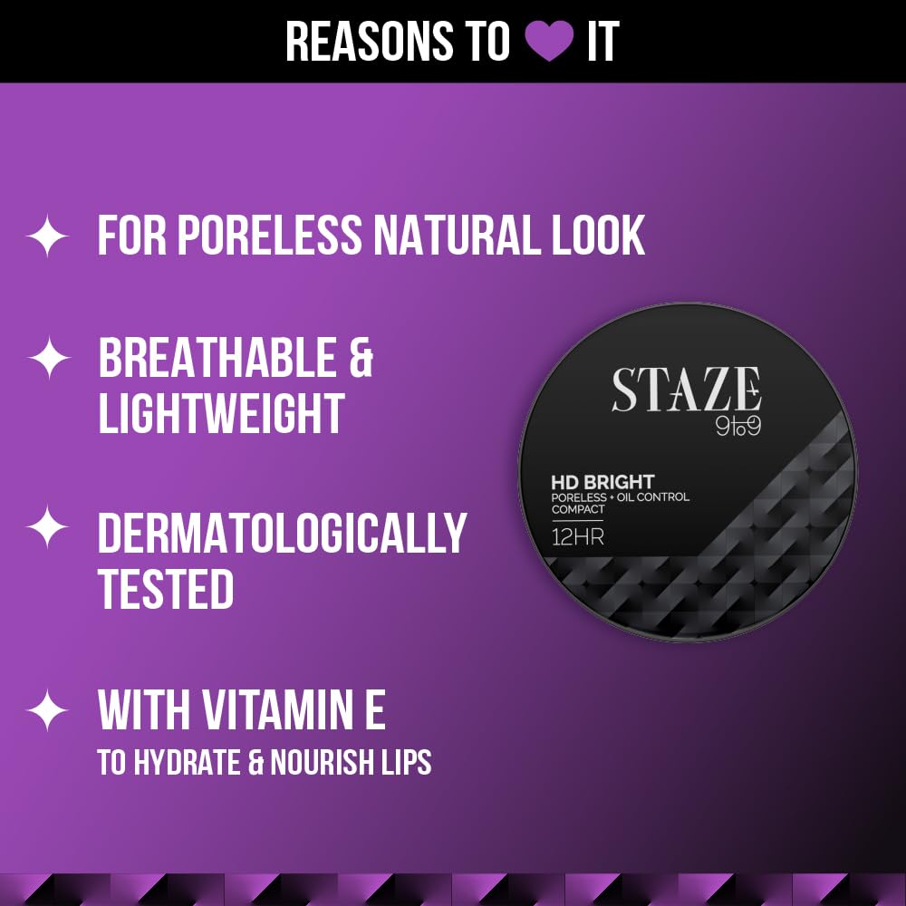 Staze 9to9 HD Bright Compact | Lightweight Microfine Formula with Vitamin E | 9g