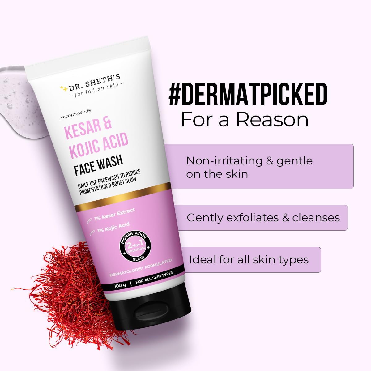Dr. Sheth's Kesar & Kojic Acid Facewash | Pigmentation Free & Glowing Skin | 100g