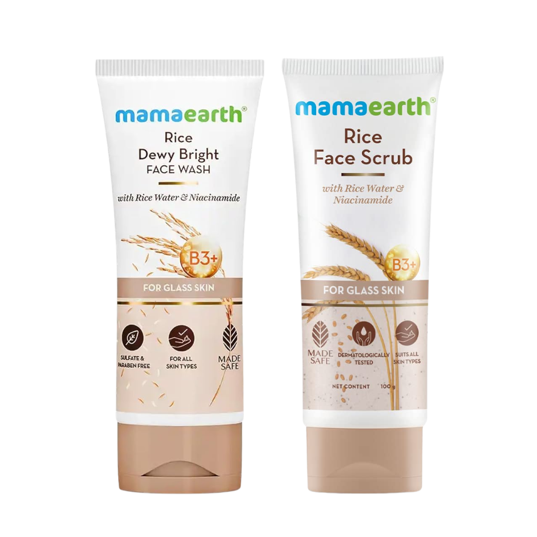 Mamaearth Rice Glass Skin Glow Duo (Rice Face Wash 100ml + Rice Face Scrub 100g)