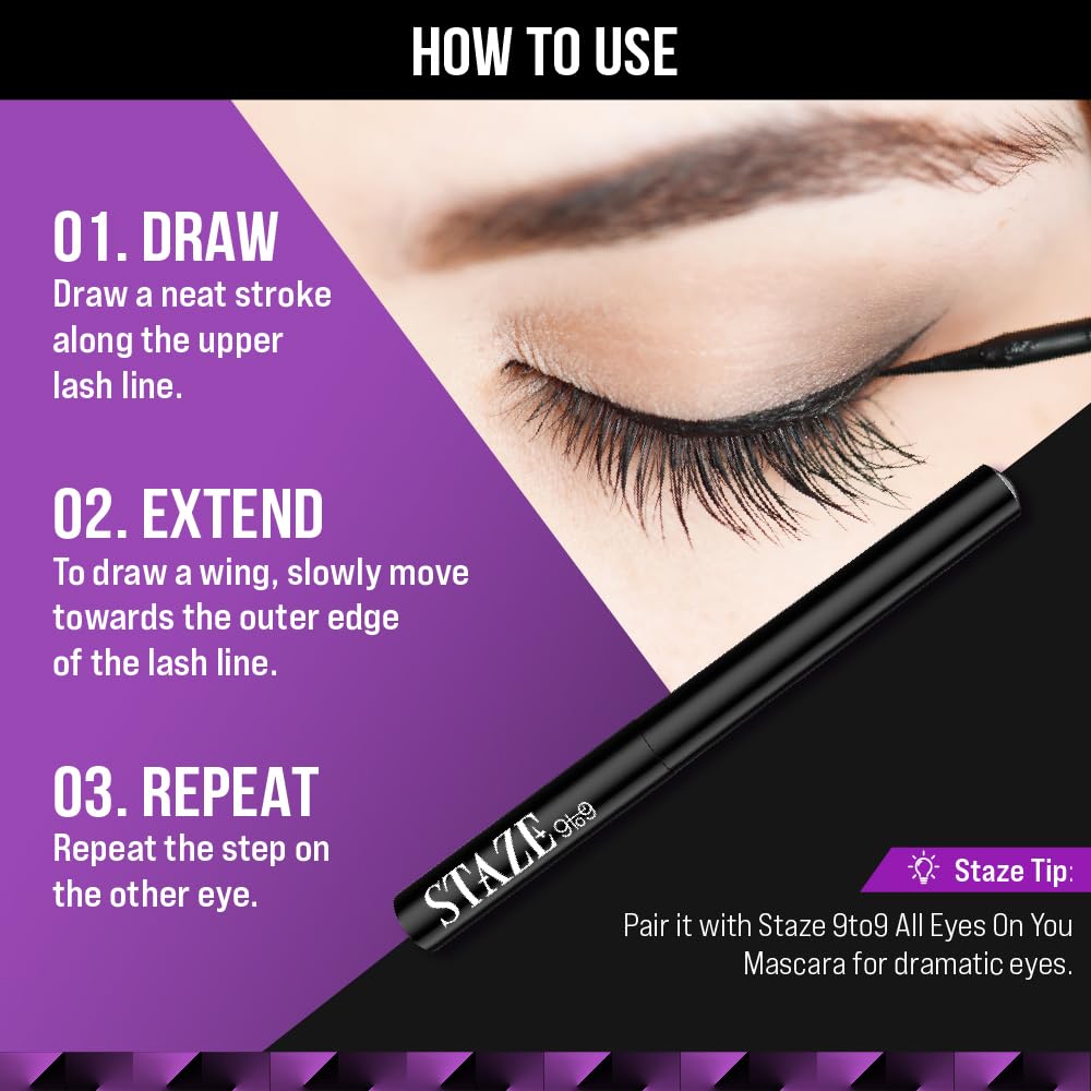 Staze 9to9 All Eyes on You Eyeliner | Smudgeproof, Waterproof & 16 Hrs Long Stay | 1.8ml