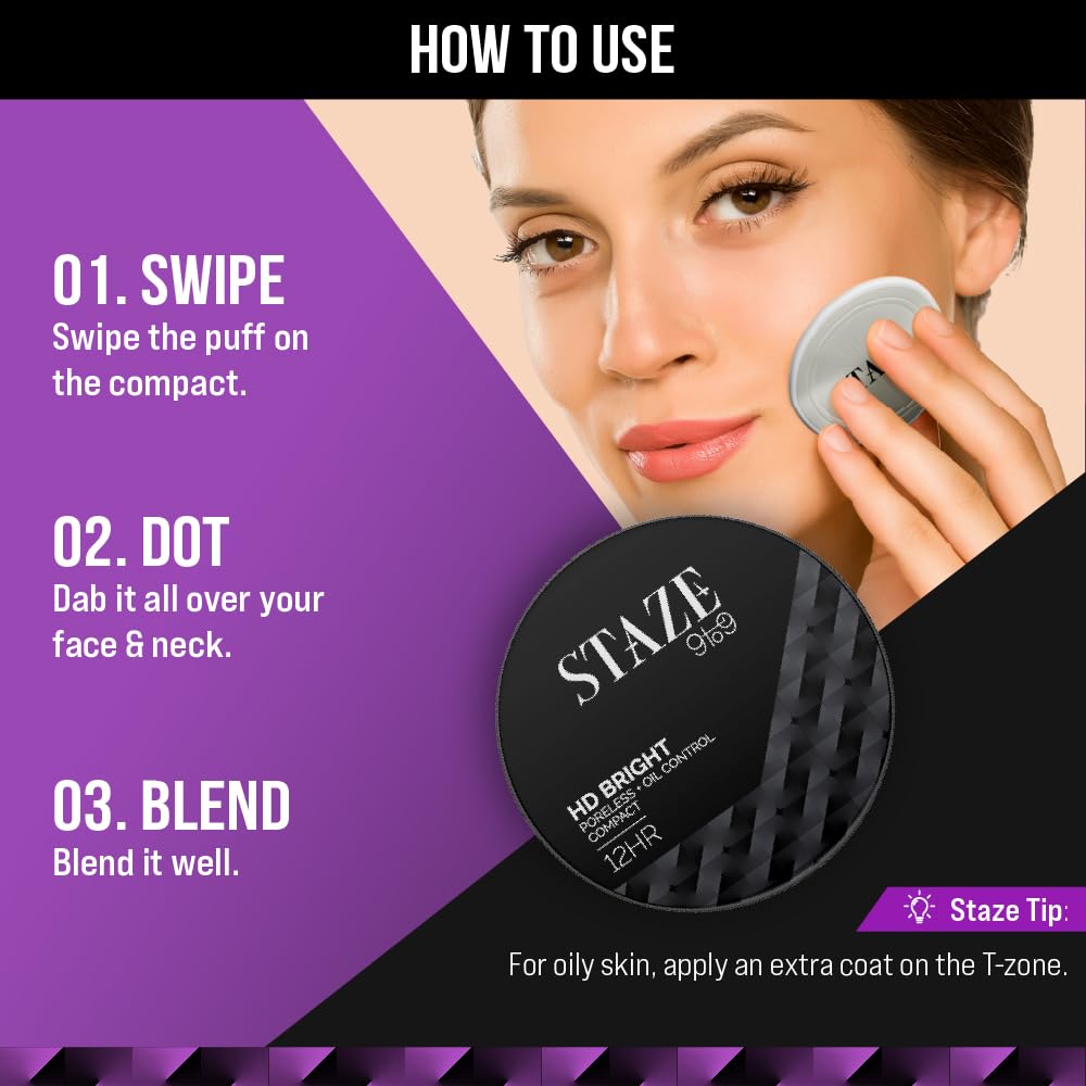 Staze 9to9 HD Bright Compact | Lightweight Microfine Formula with Vitamin E | 9g