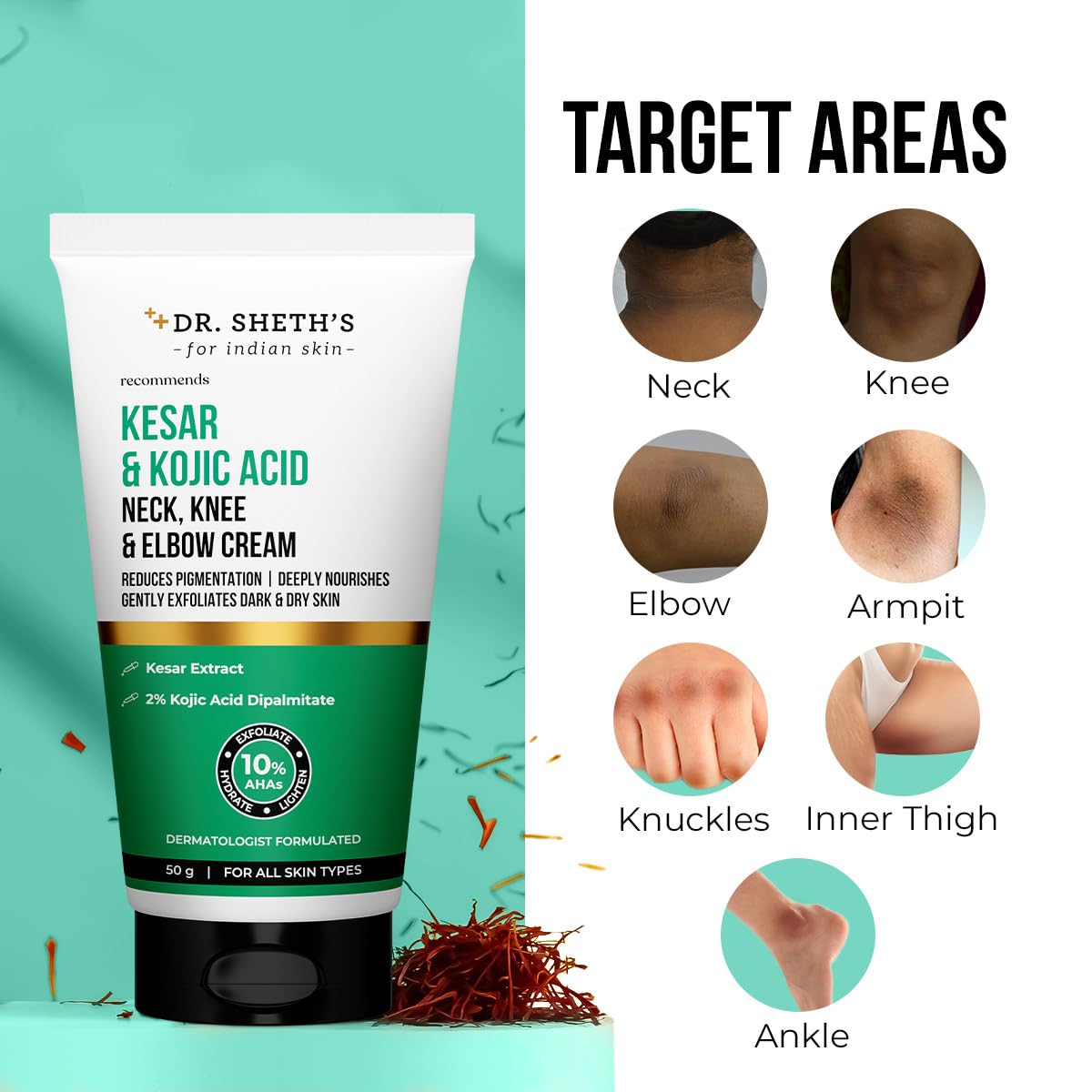 Dr. Sheth's Kesar & Kojic Acid Neck, Knee & Elbow Cream 50g