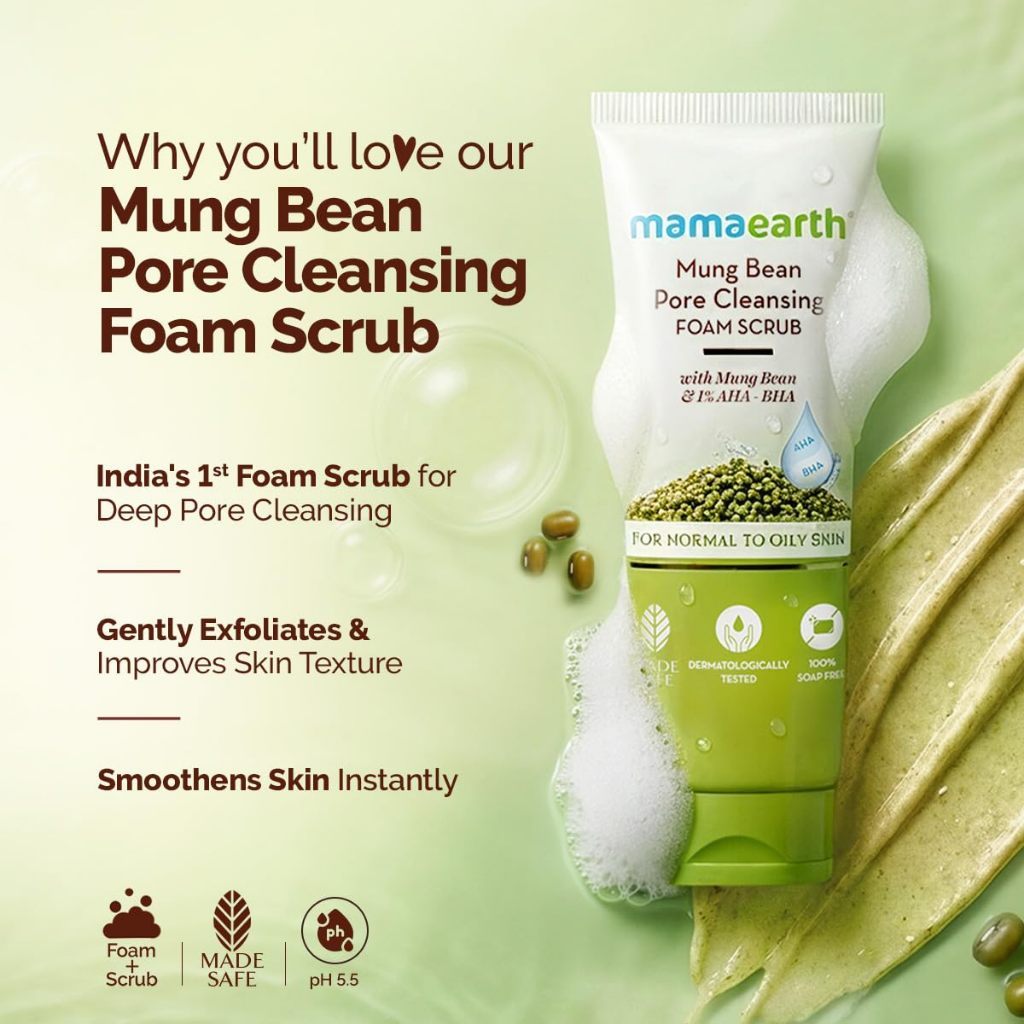Mamaearth Mung Bean Pore Cleansing Face Scrub with Mung Bean, AHA BHA - 100g