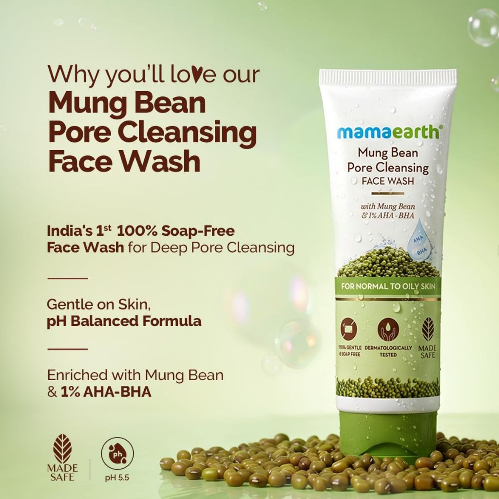 Mamaearth Mung Bean Pore Cleansing Face Wash with Mung Bean, AHA & BHA - 100 ml