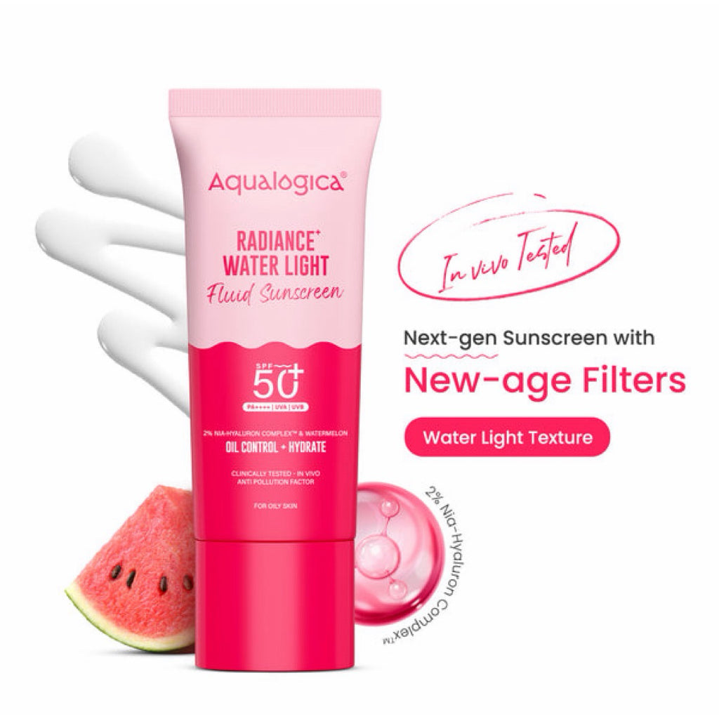 Aqualogica Radiance+ Water Light Fluid Sunscreen 50g | SPF 50+ PA++++ |In-VivoTested|New-age Filters
