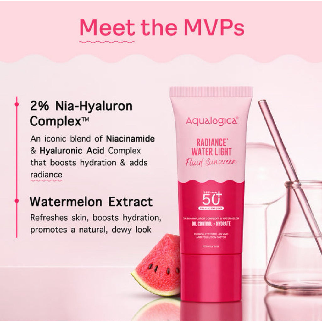 Aqualogica Radiance+ Water Light Fluid Sunscreen 50g | SPF 50+ PA++++ |In-VivoTested|New-age Filters