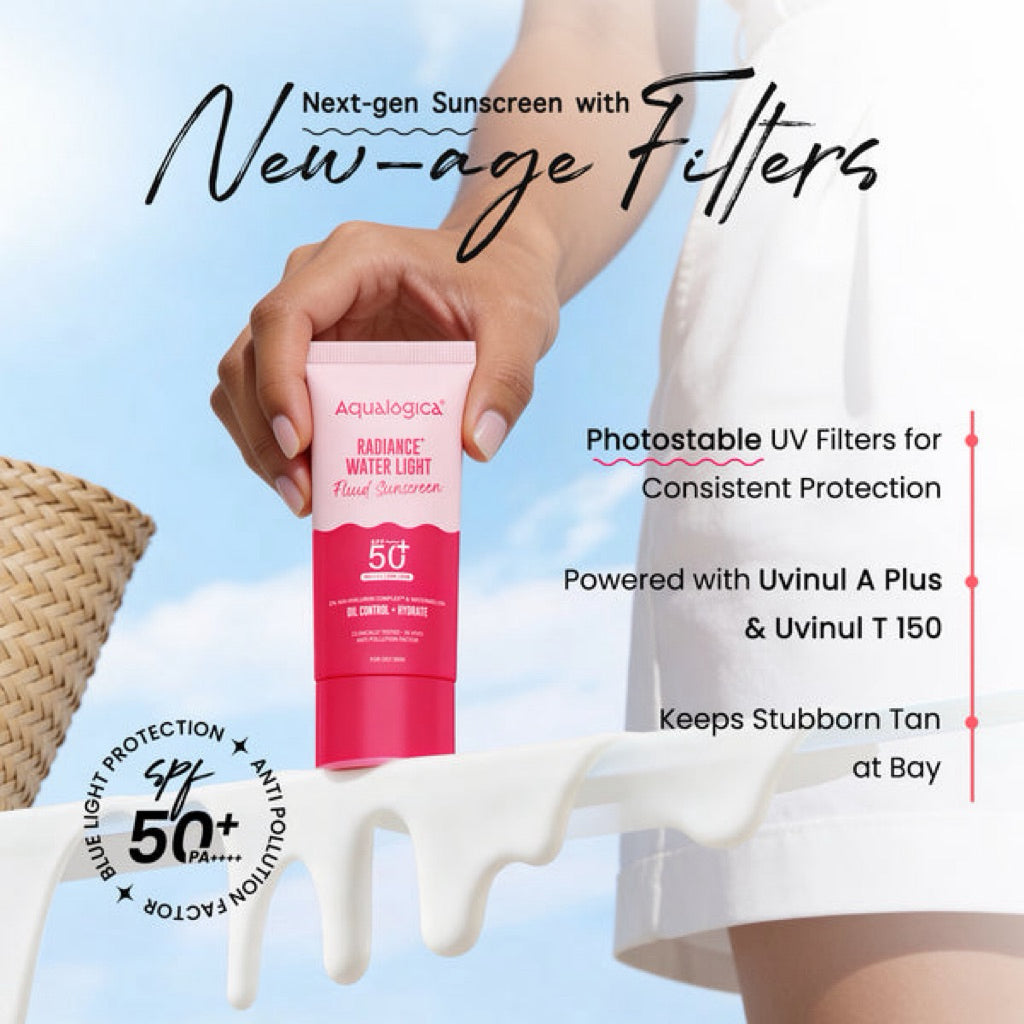 Aqualogica Radiance+ Water Light Fluid Sunscreen 50g | SPF 50+ PA++++ |In-VivoTested|New-age Filters