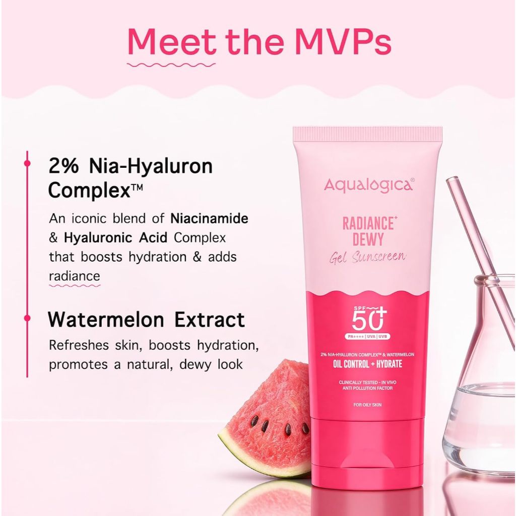 Aqualogica Radiance+ Dewy Gel Sunscreen - 80g | SPF 50+ PA++++ | In-Vivo Tested | New-age Filters