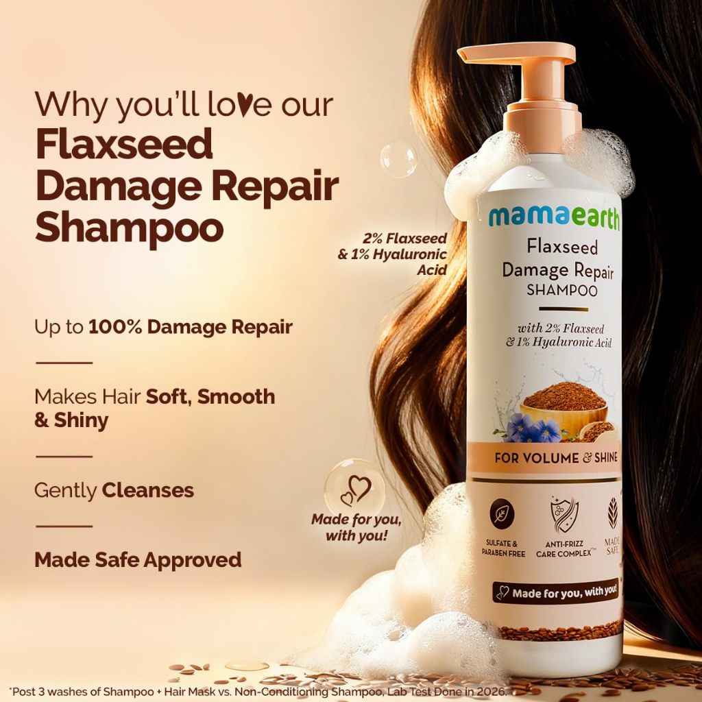 Mamaearth Flaxseed Damage Repair Shampoo 250ml - Damage Repair | Soft, Smooth Volume & Shiny Hair