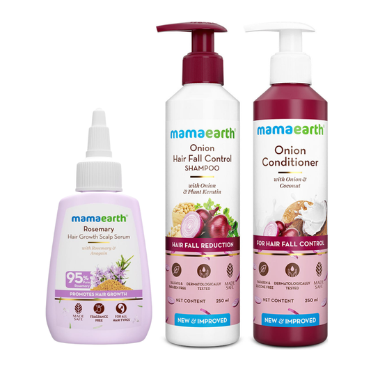 Mamaearth Onion & Rosemary Hair Fall Control Kit – (Shampoo 250ml + Conditioner 250ml + Serum 50ml)