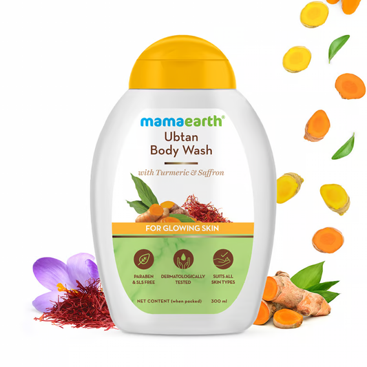 Mamaearth ubtan body wash with turmeric and saffron background
