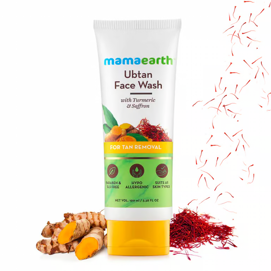 Mamaearth ubtan face wash with saffron and turmeric background