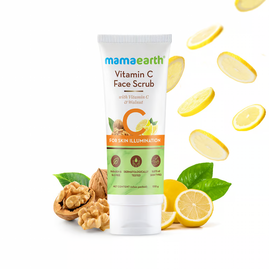 Mamaearth vitamin c face scrub with lemon and walnut background