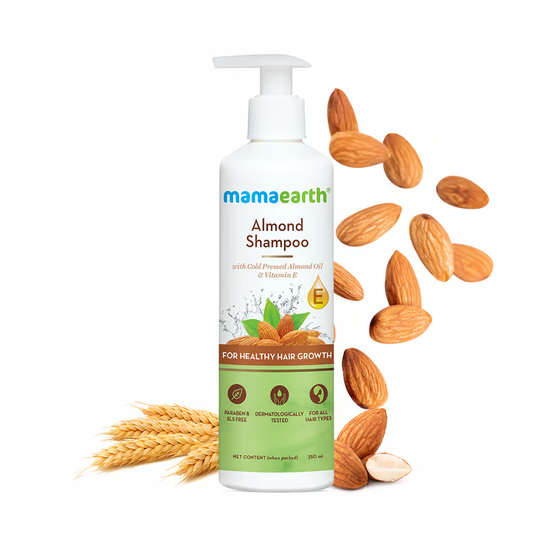 Mamaearth Almond shampoo with almond background
