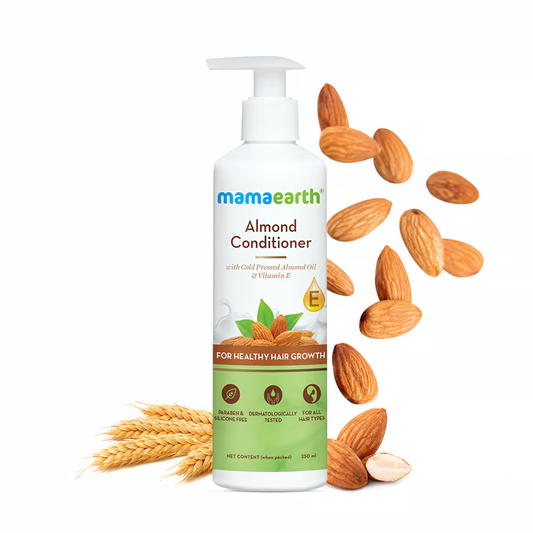 Mamaearth Almond conditioner with almond background