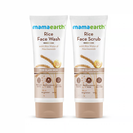 Mamaearth Rice Face Care for Glass Skin Combo Face Wash + Face Scrub - 100ml + 100gm