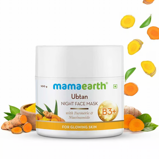 Mamaearth ubtan night face mask with turmeric background