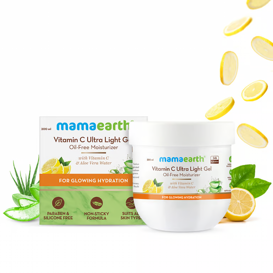 Mamaearth vitamin c ultra light gel oil free moisturizer lemon and aloe vera background