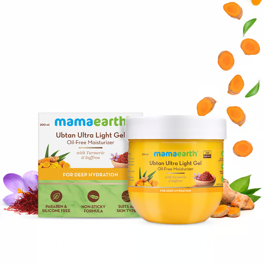 Mamaearth ubtan ultra light gel oil free moisturizer with turmeric and saffron background