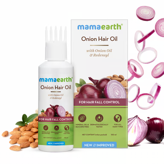 Mamaearth onion hair oil with almond and onion background