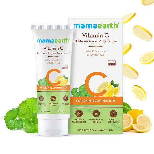 Mamaearth vitamin c oil free face moisturizer with lemon anf gotu kola background
