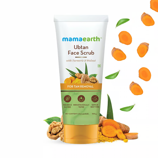 Mamaearth ubtan face scrub with turmeric background