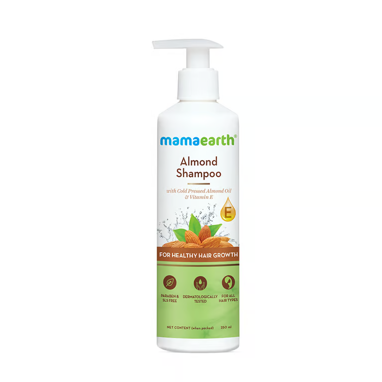 Mamaearth Almond shampoo with white background