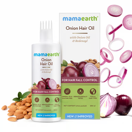 Mamaearth onion hair oil with onion and almond background