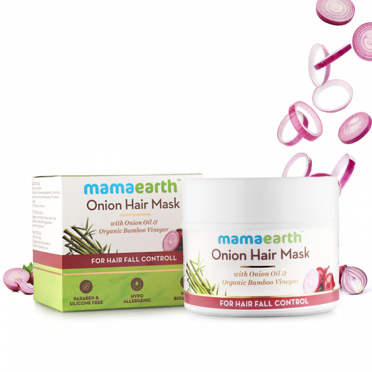 Mamaearth onion hair mask with onion background