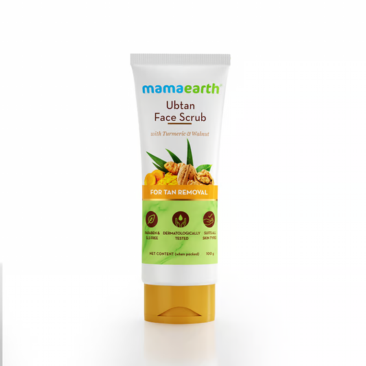 Mamaearth ubtan face scrub with white background